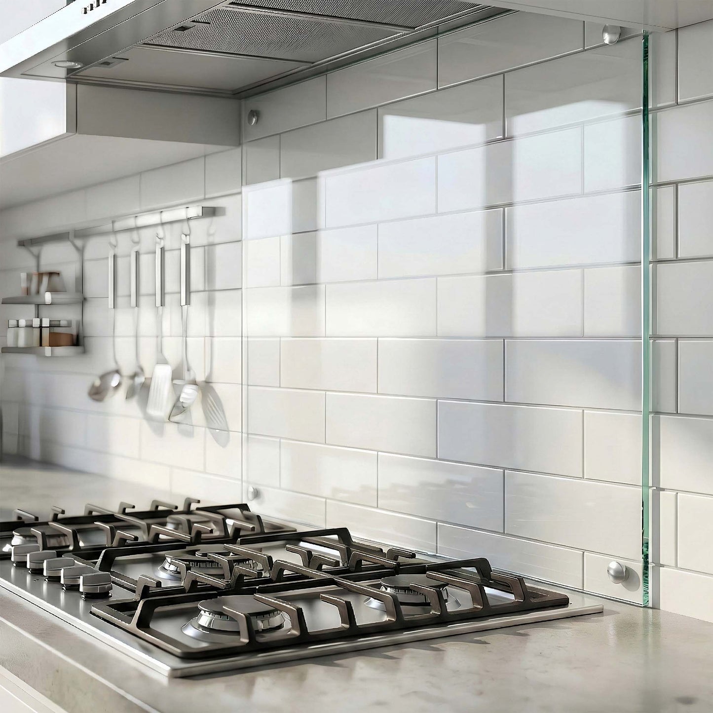 Modern kitchen with stainless steel gas stove and clear glass backsplash