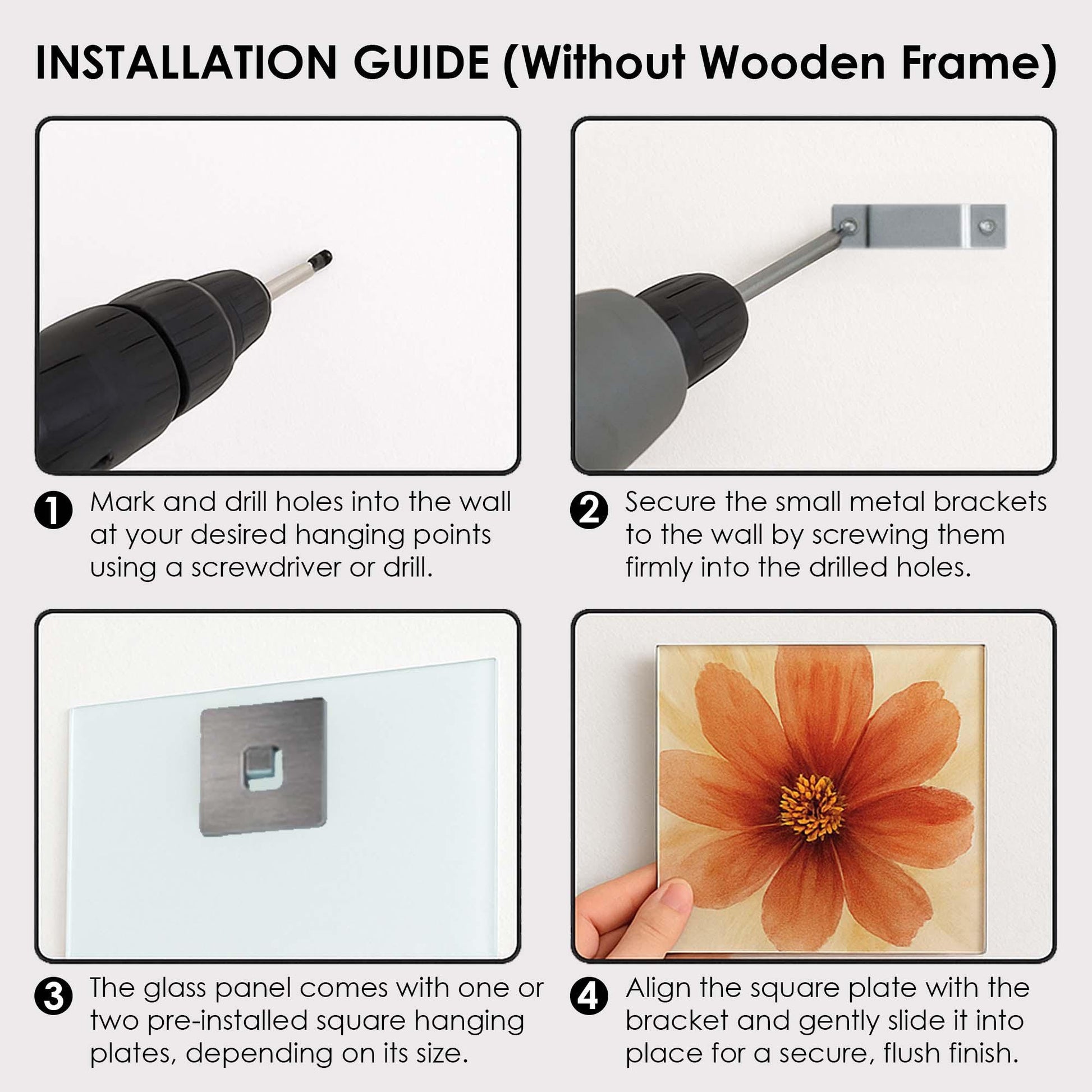 Installation guide for wall art without a wooden frame, showing steps with tools and hardware.
