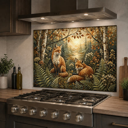 Hygienic forest foxes glass backsplash panel behind a farmhouse kitchen sink with black fixtures.