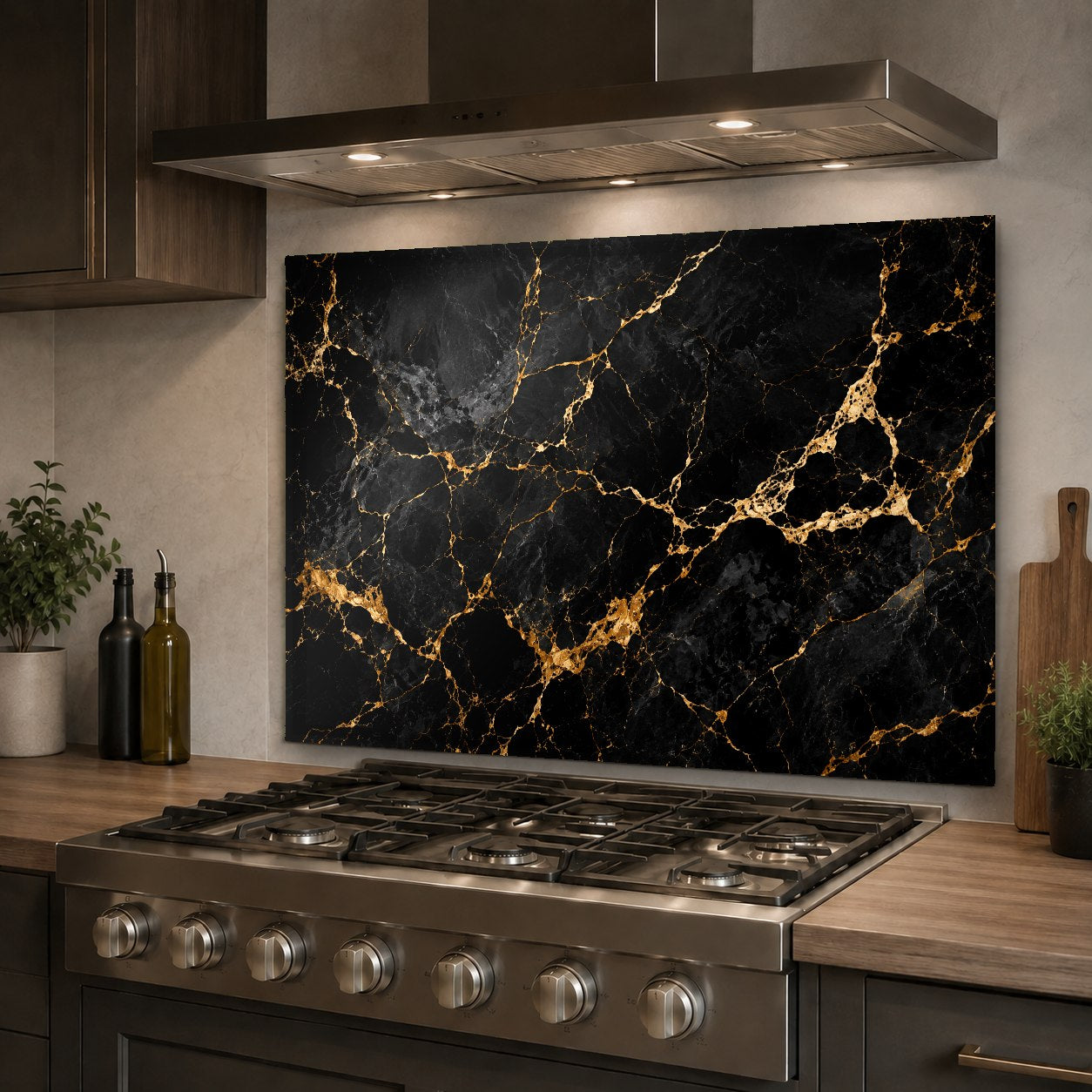 Sleek noir marble glass backsplash panel behind a modern stainless steel kitchen sink.