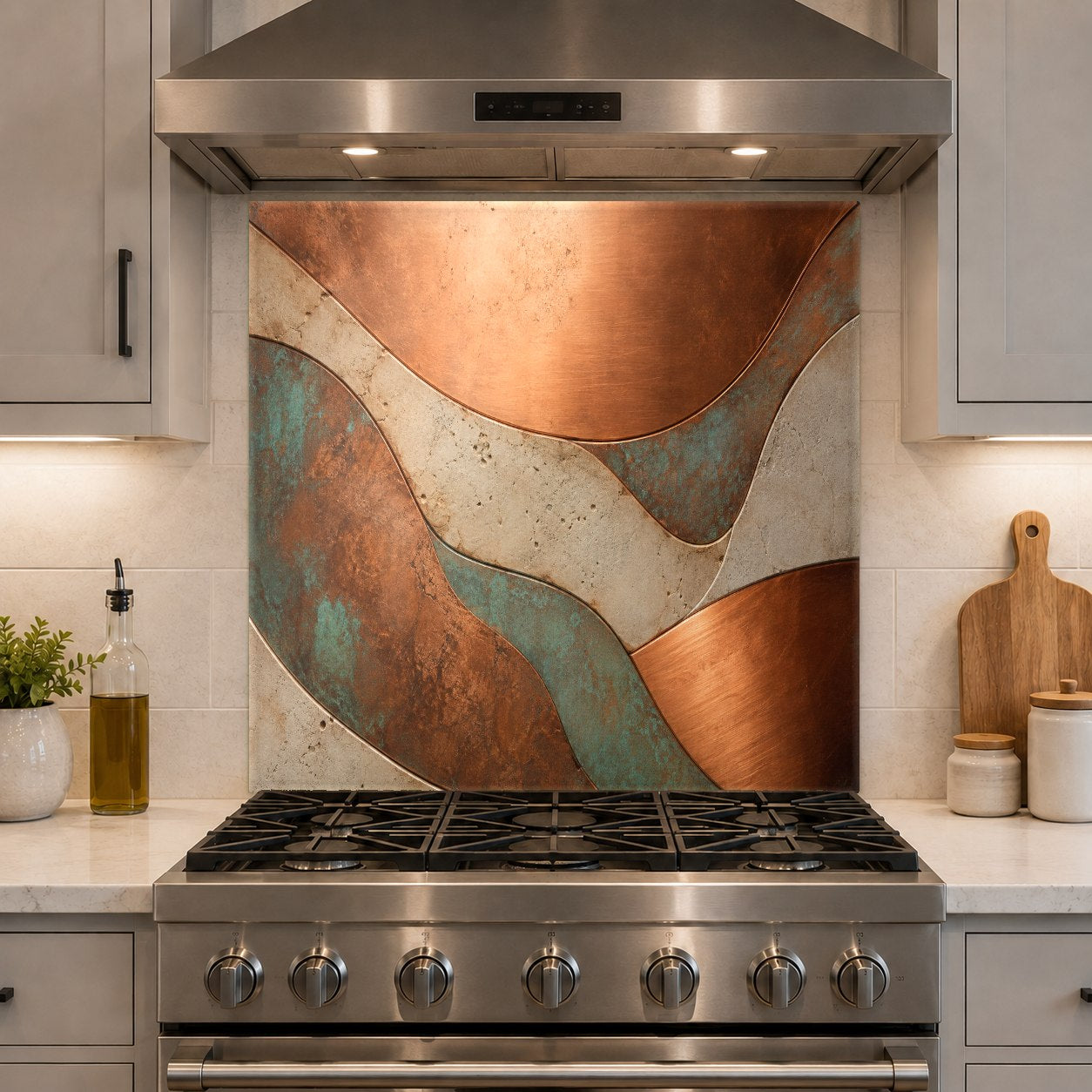 Industrial style kitchen featuring a copper flow tempered glass backsplash with rich bronze and amber tones.
