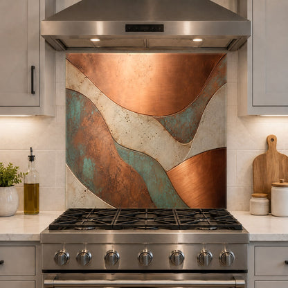 Industrial style kitchen featuring a copper flow tempered glass backsplash with rich bronze and amber tones.