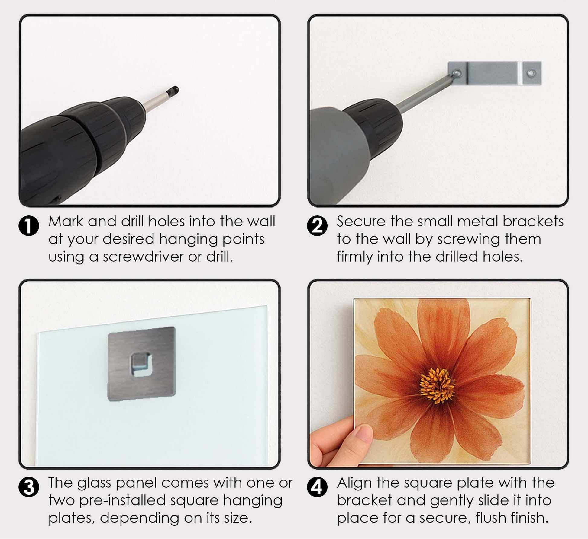 Installation guide for wall art without a wooden frame, showing steps with tools and hardware.