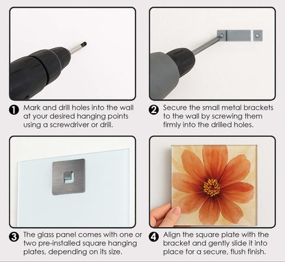 Installation guide for wall art without a wooden frame, showing steps with tools and hardware.
