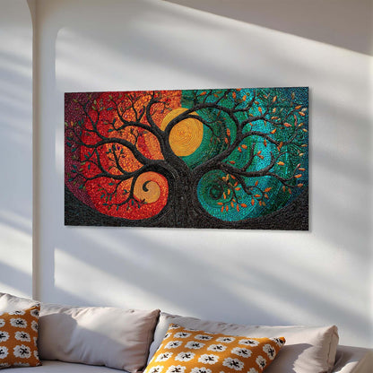 Colorful abstract wall art on a white wall above a sofa with patterned pillows.