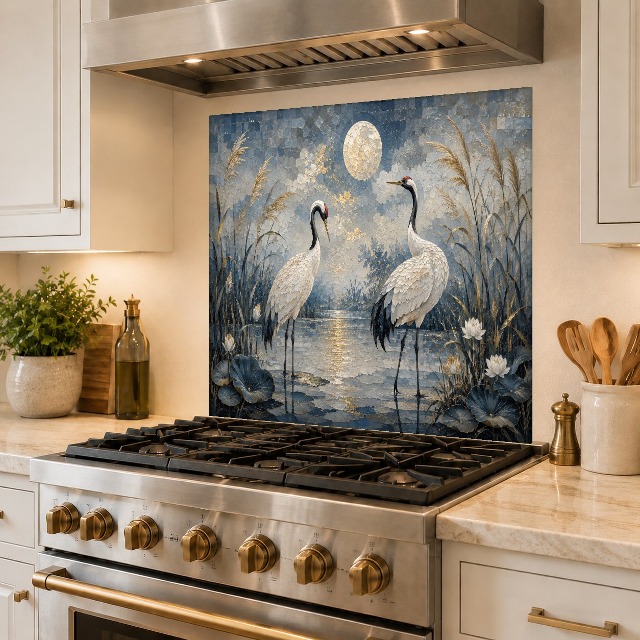 Stunning crane and moonlit night scene printed on a premium glass backsplash panel behind a kitchen stove.