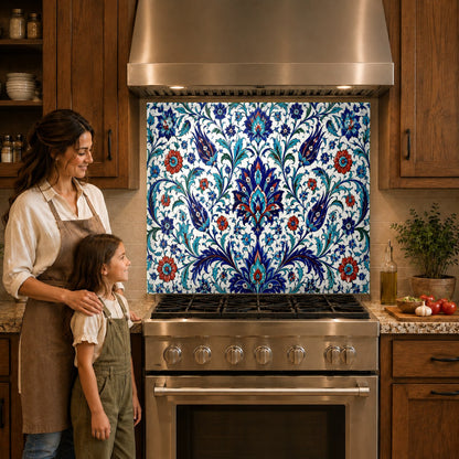 Close-up of a heat-resistant Turkish mosaic glass backsplash panel protecting the kitchen wall from grease splatters.