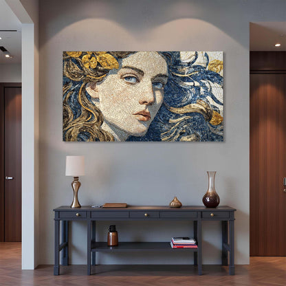 Mosaic artwork of a woman's face on a wall above a console table.