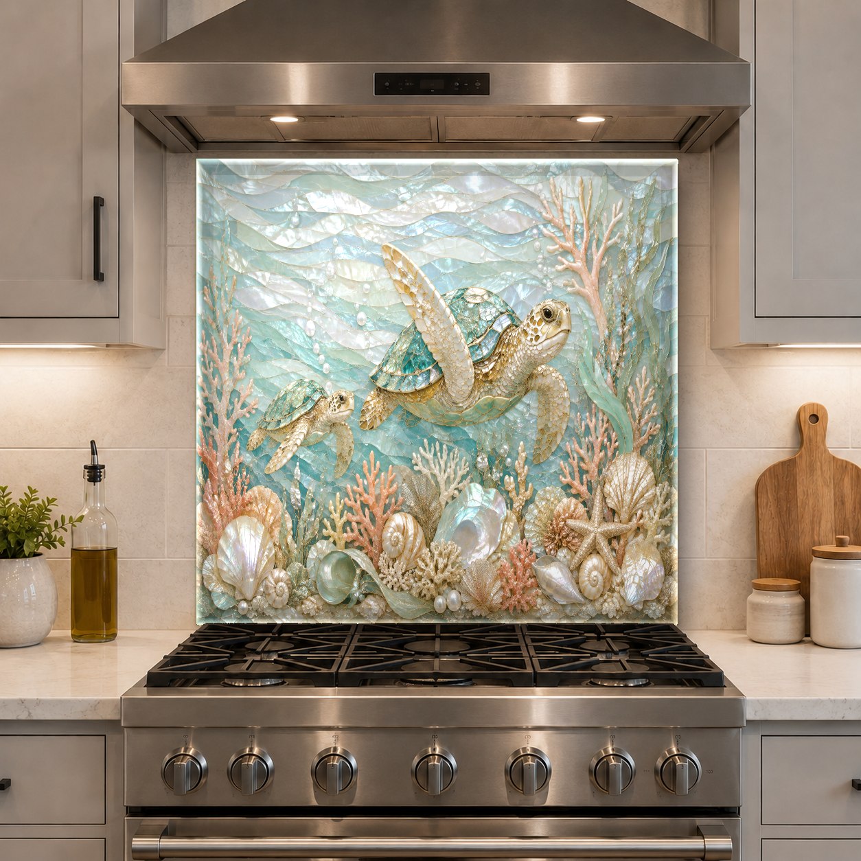 Blue coastal glass backsplash panel installed on kitchen island