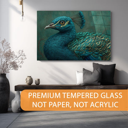 Peacock painting on a wall above a console table with decorative items.