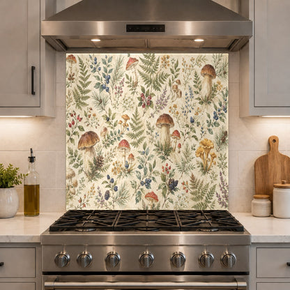 Seamless installation of a floral glass backsplash panel over existing tile behind a kitchen stove.