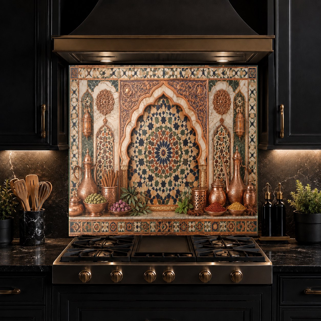 Custom size copper look glass backsplash installed in a contemporary kitchen
