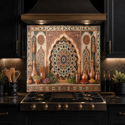 Custom size copper look glass backsplash installed in a contemporary kitchen