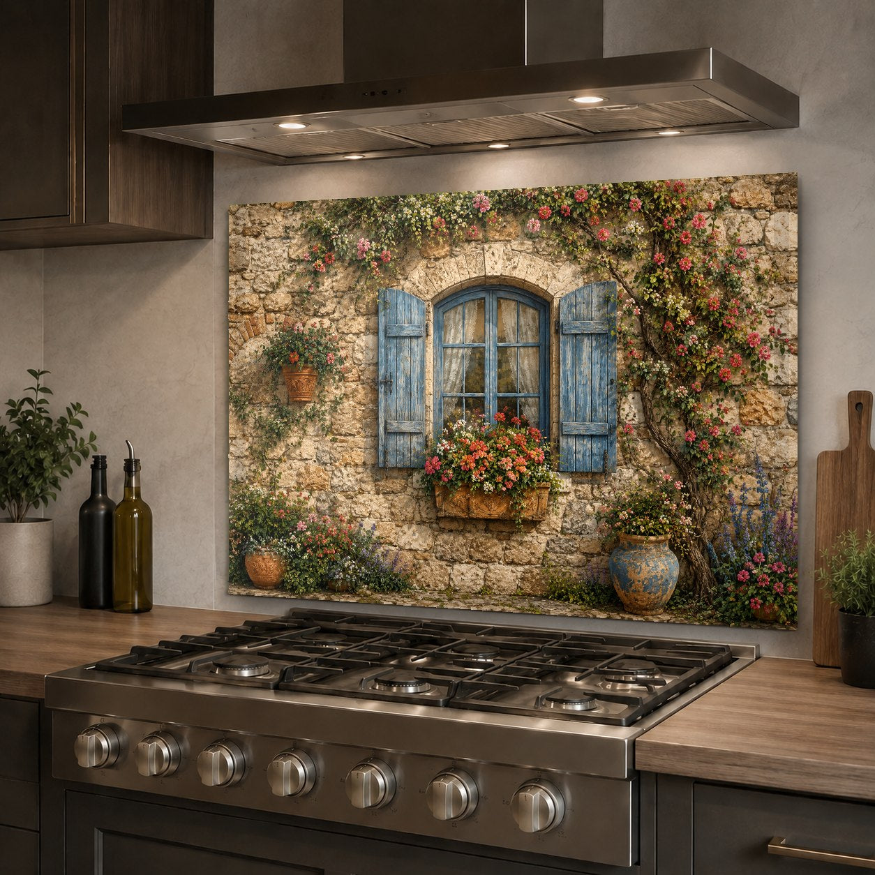Close-up of a heat-resistant rustic window design glass backsplash protecting the wall over a dual-fuel range