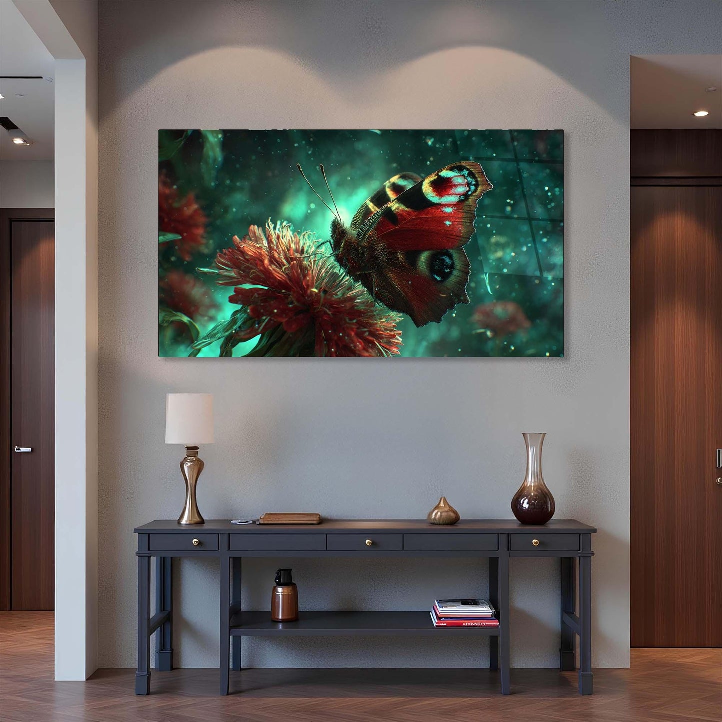 Framed artwork of a butterfly on a flower above a console table in a room.