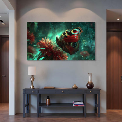 Framed artwork of a butterfly on a flower above a console table in a room.