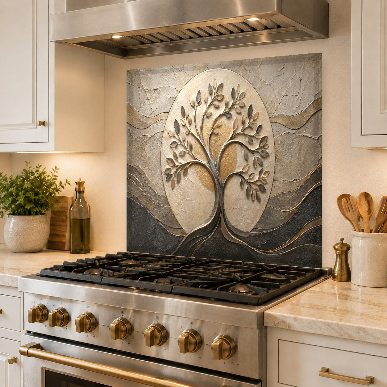 Seamless hygienic glass kitchen backsplash panel with forest tree print