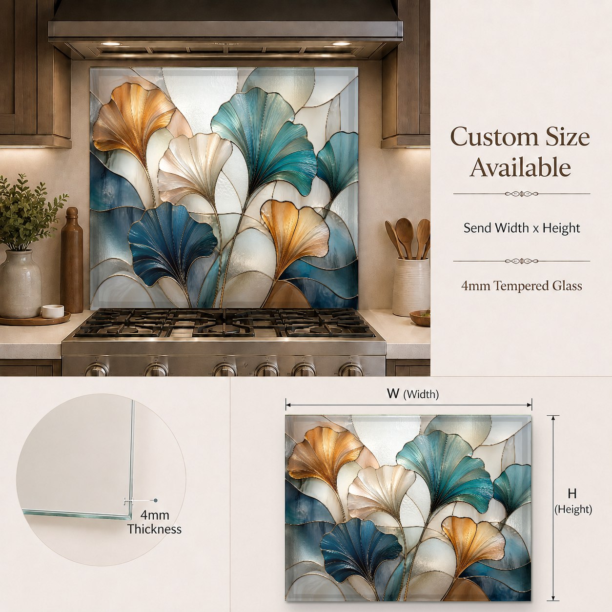 Decorative floral glass backsplash installed in a luxury home bar area