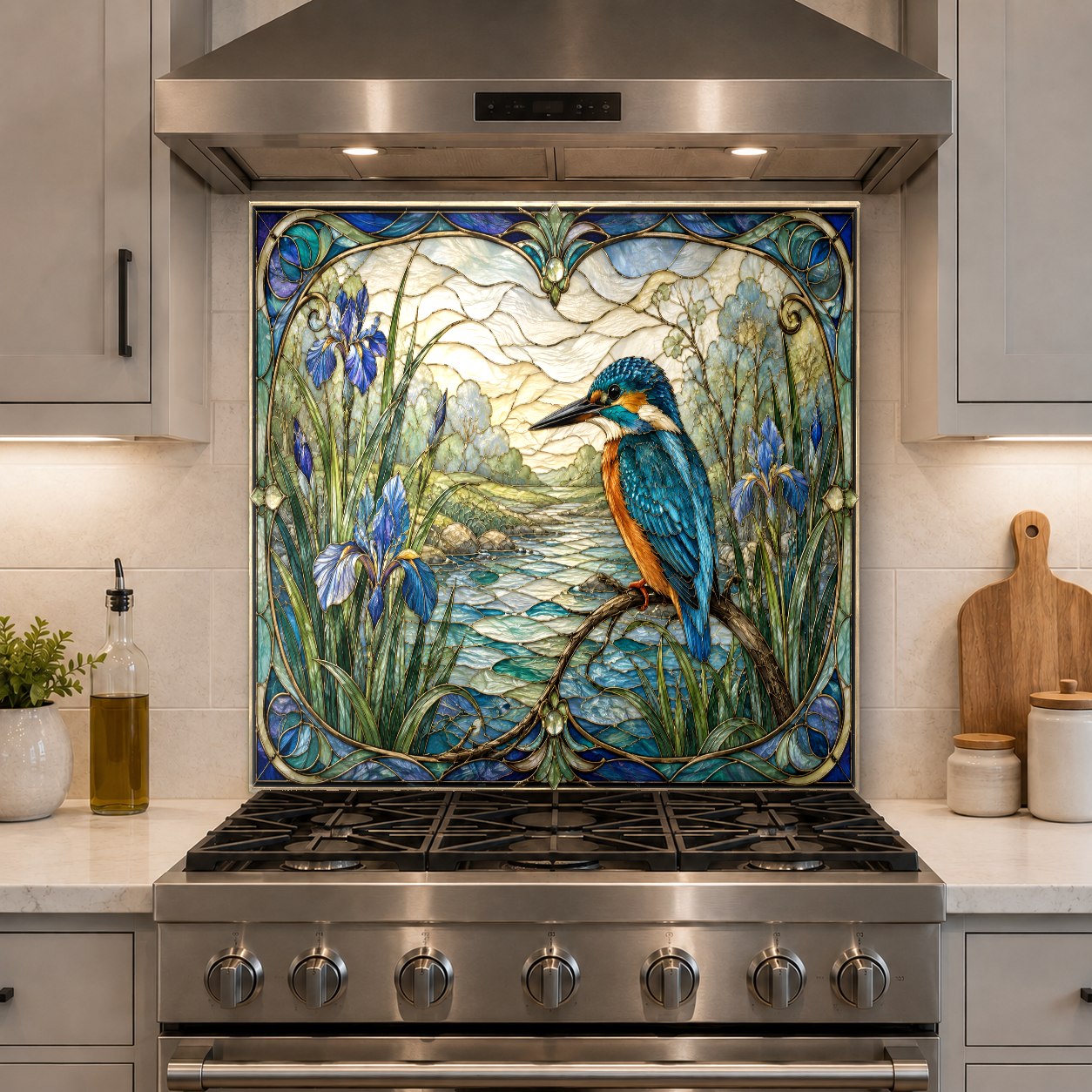Bird River glass backsplash panel featured in a contemporary kitchen island setup