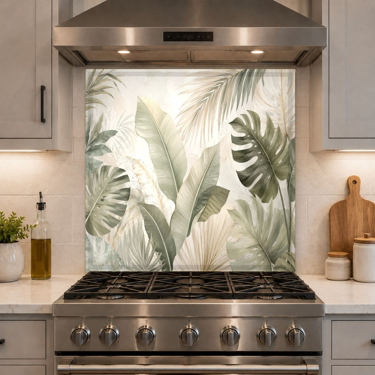 Close-up view of the smooth, grout-free surface on a minimal green glass kitchen backsplash