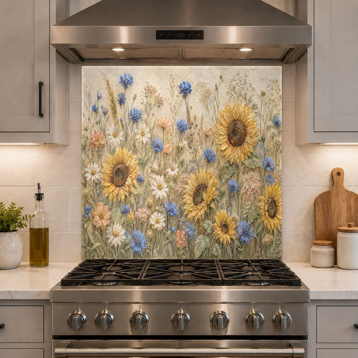 Floral glass backsplash panel in contemporary kitchen