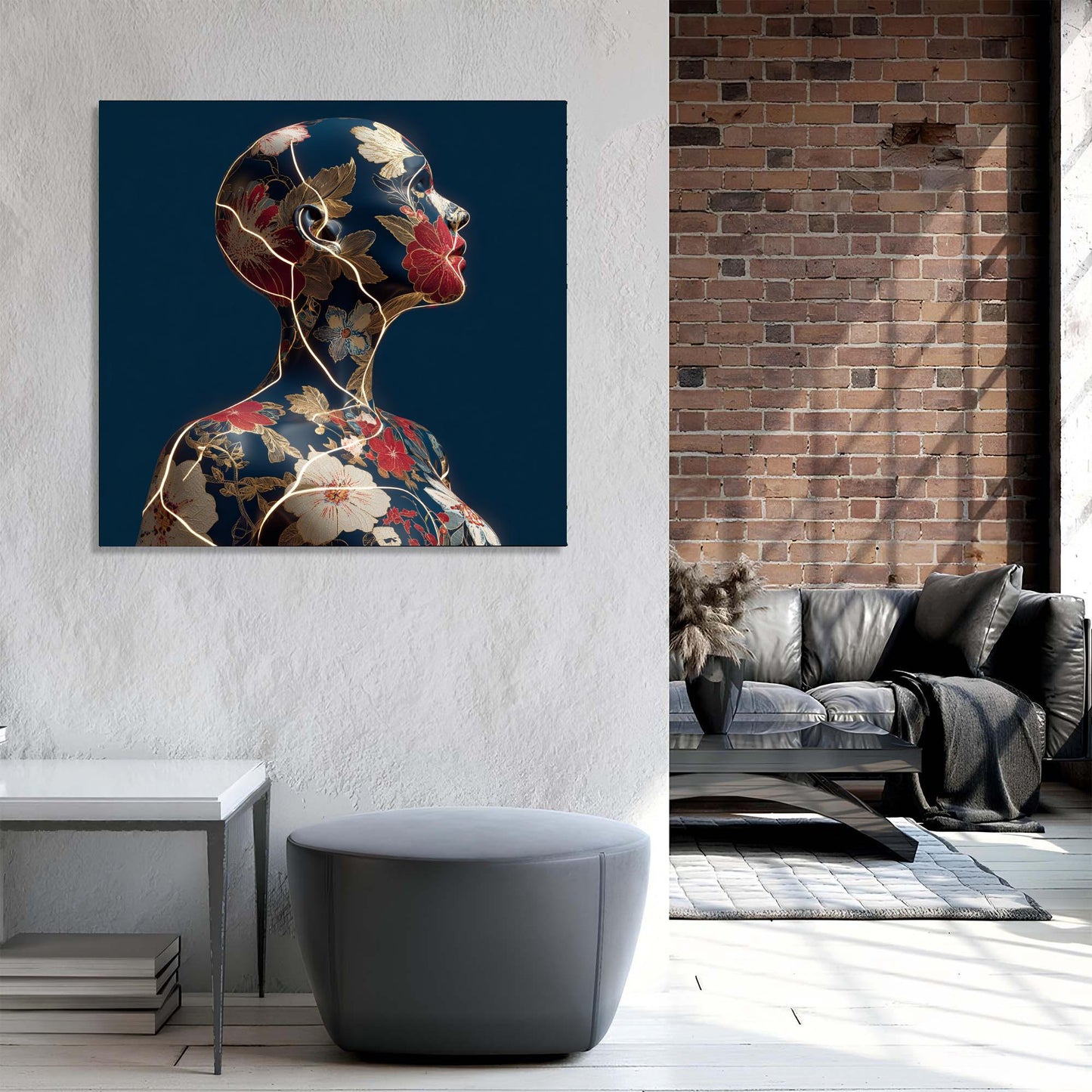Modern living room with a decorative painting of a stylized face on a wall.