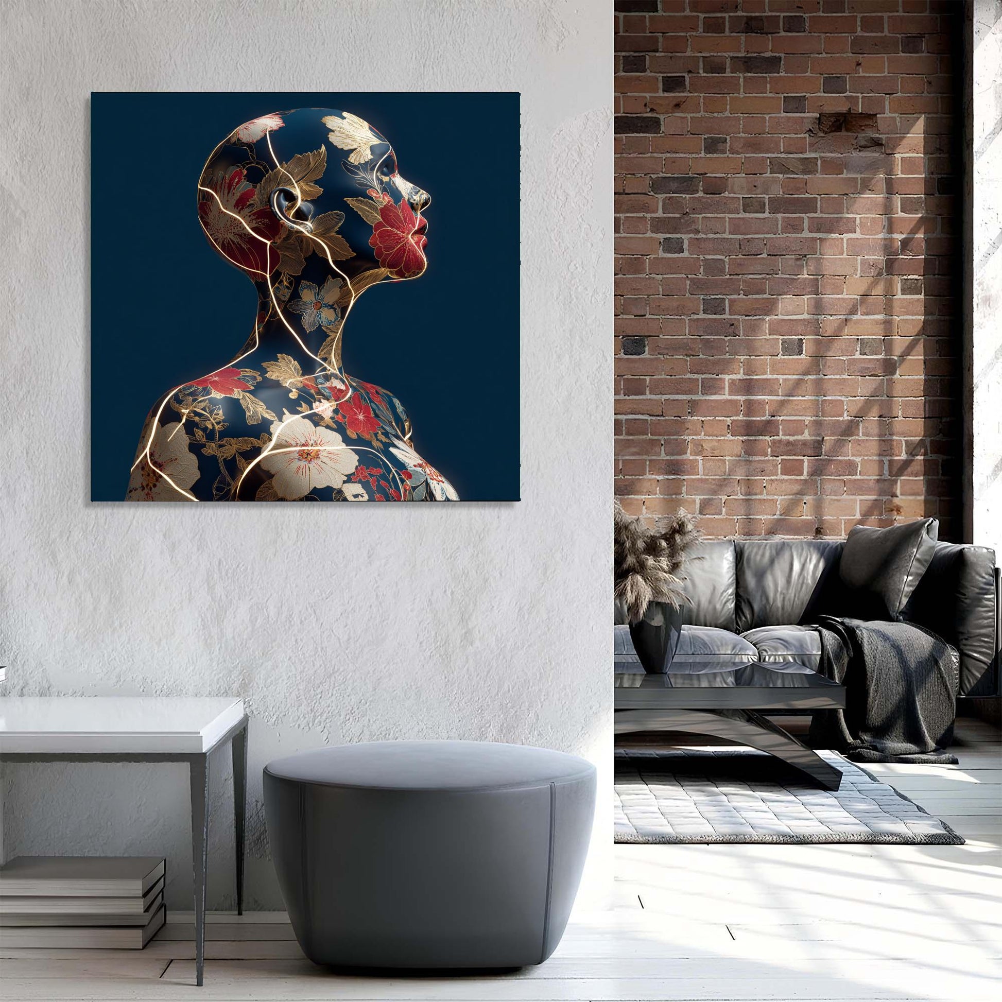 Modern living room with a decorative painting of a stylized face on a wall.