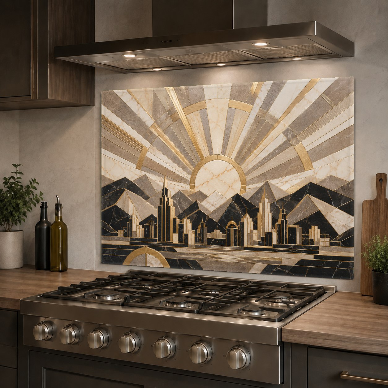 Sleek geometric glass backsplash panel positioned on a kitchen sink wall, reflecting warm ambient lighting.