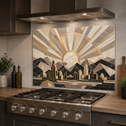 Sleek geometric glass backsplash panel positioned on a kitchen sink wall, reflecting warm ambient lighting.