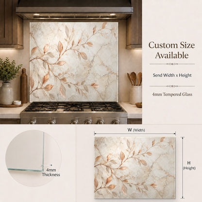 Luxurious copper and bronze branch glass panel serving as a protective stove splash guard in a contemporary kitchen.