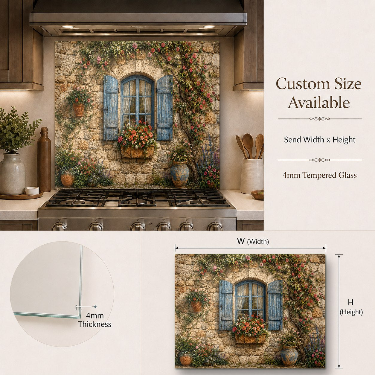 Cozy country style kitchen featuring a rustic window tempered glass backsplash behind the main cooking area