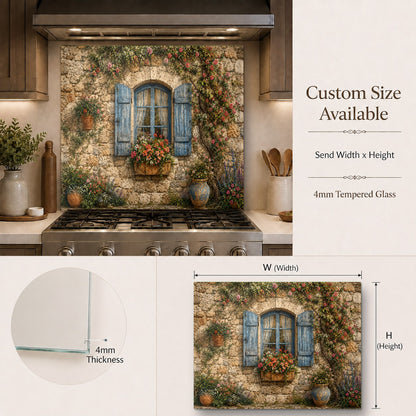 Cozy country style kitchen featuring a rustic window tempered glass backsplash behind the main cooking area