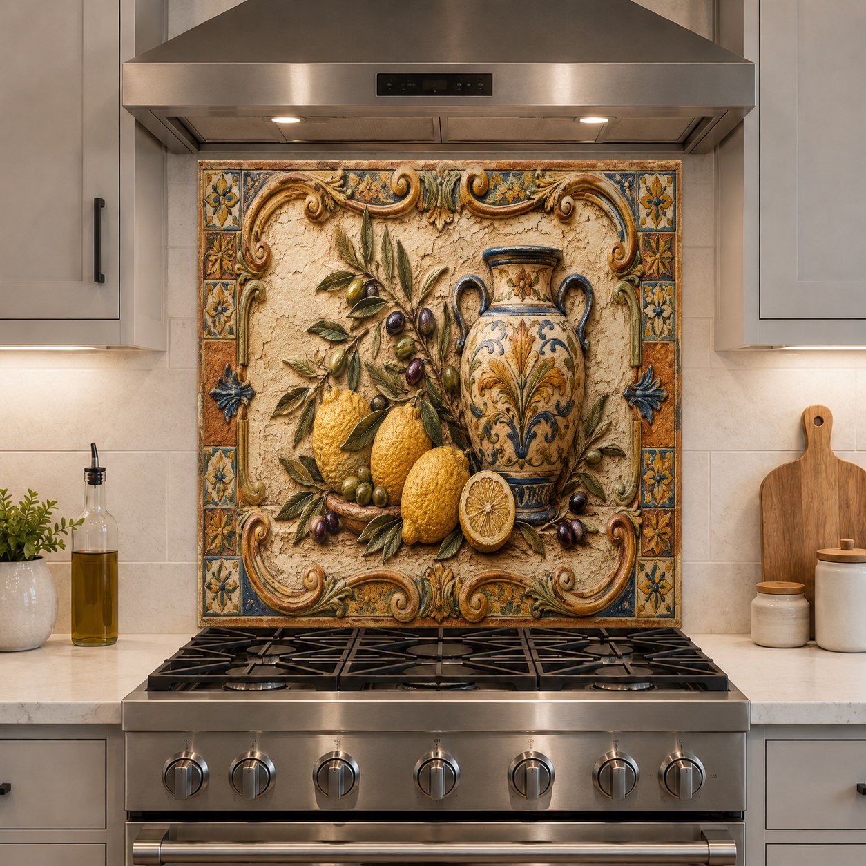 Close-up of high-gloss Tuscan Lemon glass backsplash texture behind a kitchen range