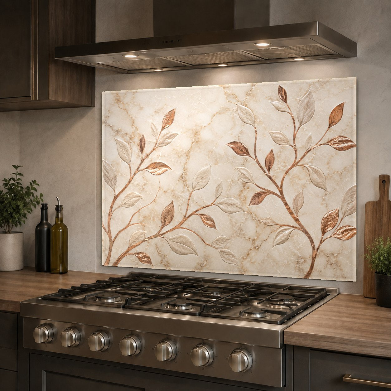 Modern kitchen featuring a botanical copper leaves glass backsplash on the main wall