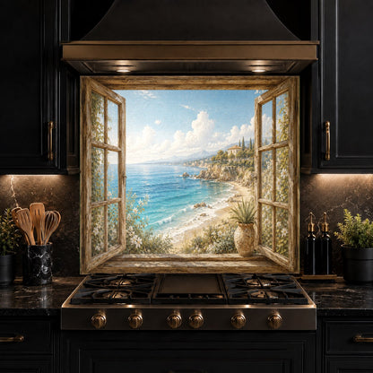 Coastal view tempered glass panel in kitchen bar area