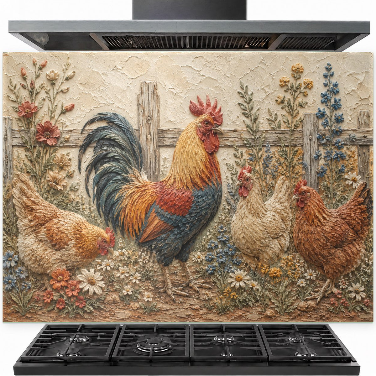 Rooster tempered glass backsplash installed securely behind kitchen stove