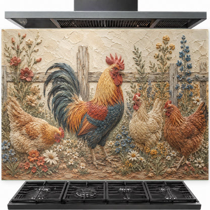 Rooster tempered glass backsplash installed securely behind kitchen stove