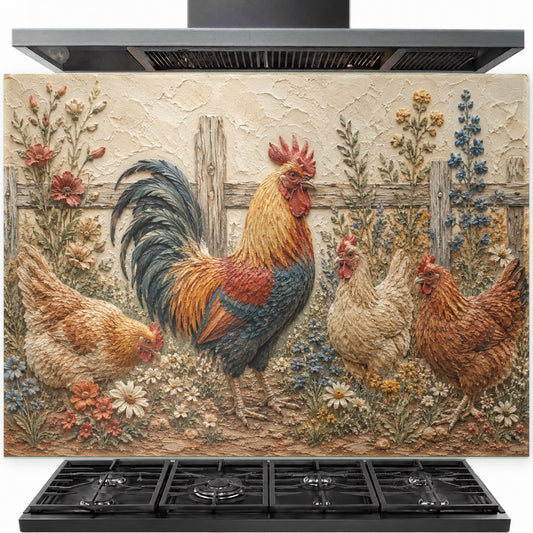 Rooster tempered glass backsplash installed securely behind kitchen stove