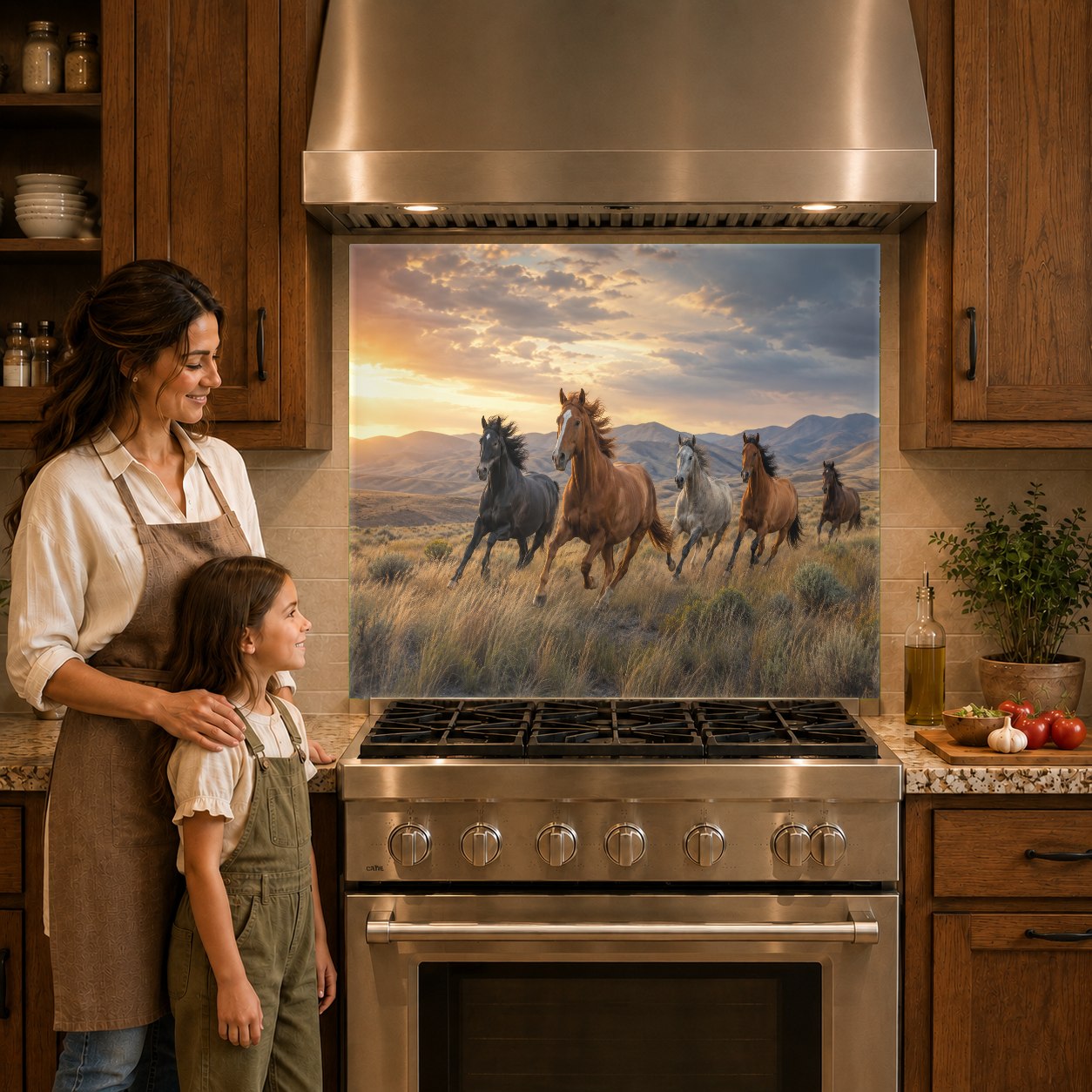 Rustic horse-themed tempered glass backsplash protecting the wall behind a sleek induction cooktop.