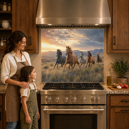 Rustic horse-themed tempered glass backsplash protecting the wall behind a sleek induction cooktop.