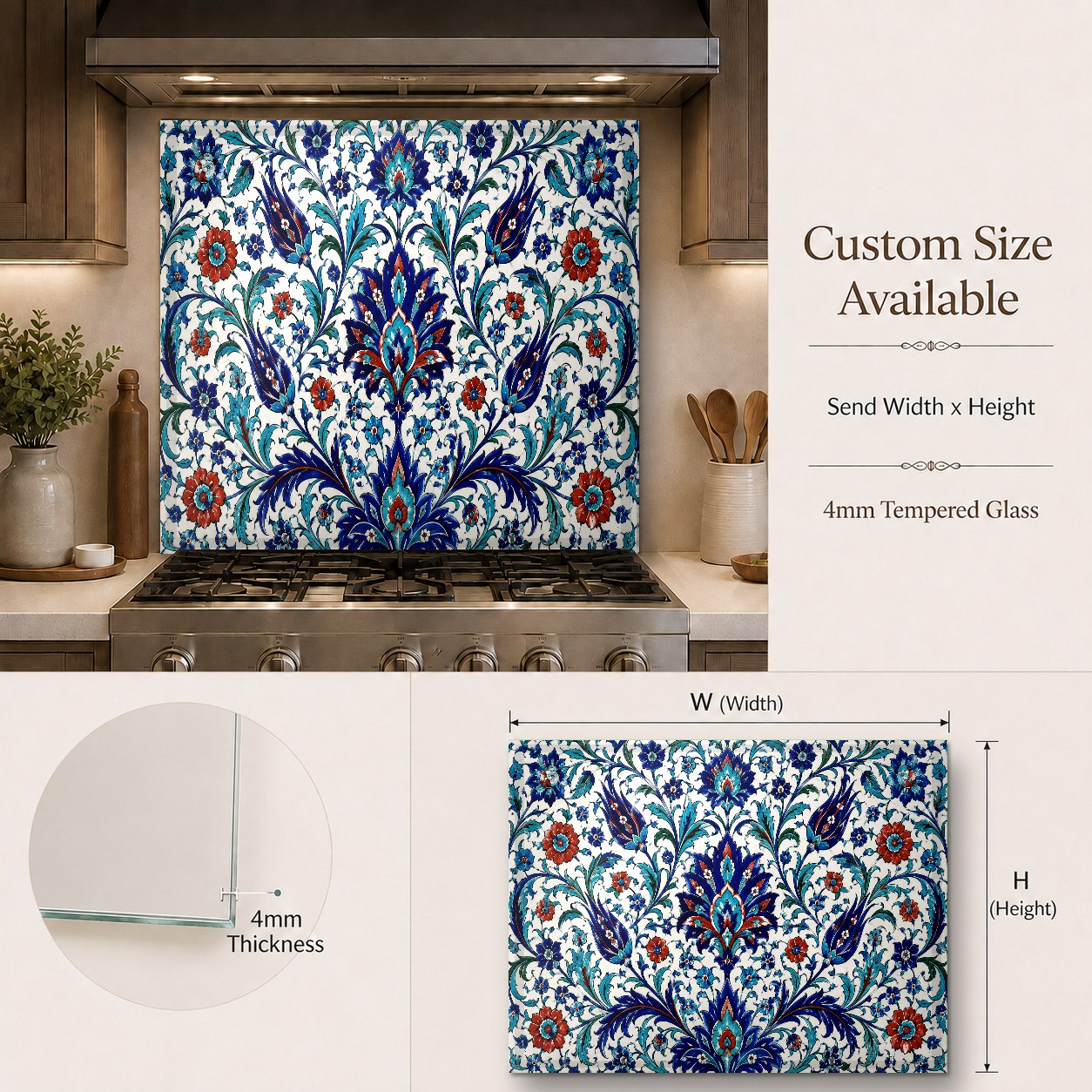 Easy-to-clean tempered glass stove guard with Turkish ceramic pattern in a modern luxury kitchen setting.