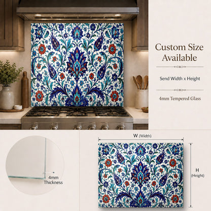 Easy-to-clean tempered glass stove guard with Turkish ceramic pattern in a modern luxury kitchen setting.