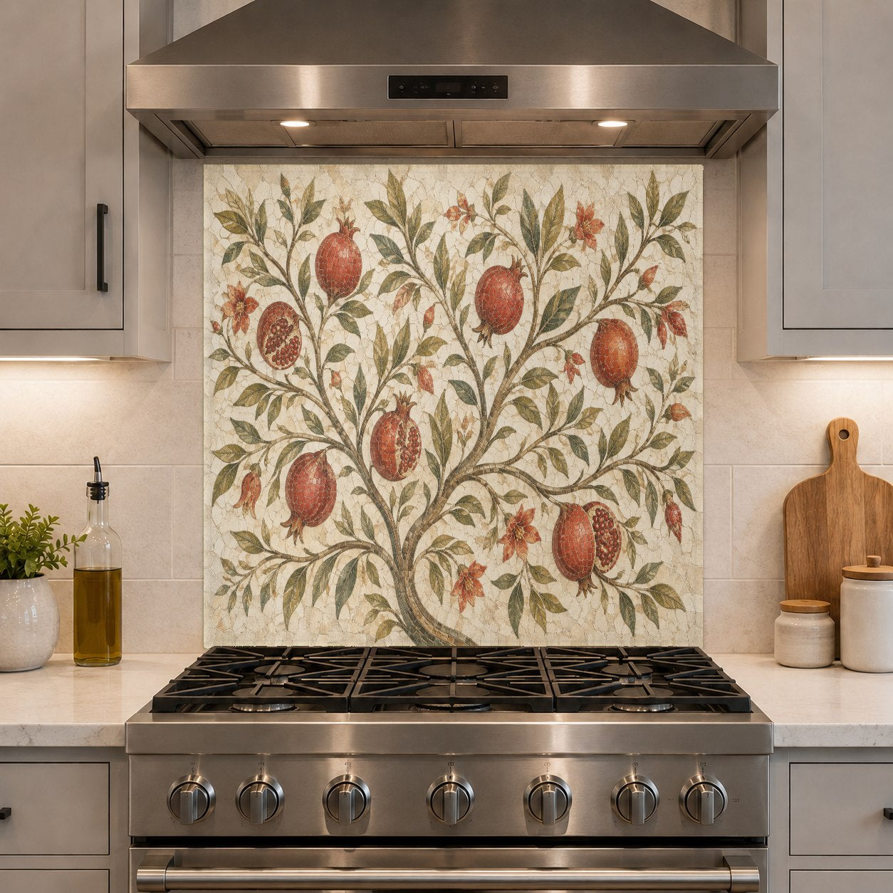 Close-up of the glossy, easy-to-clean surface of the Pomegranate Garden kitchen glass backsplash panel.