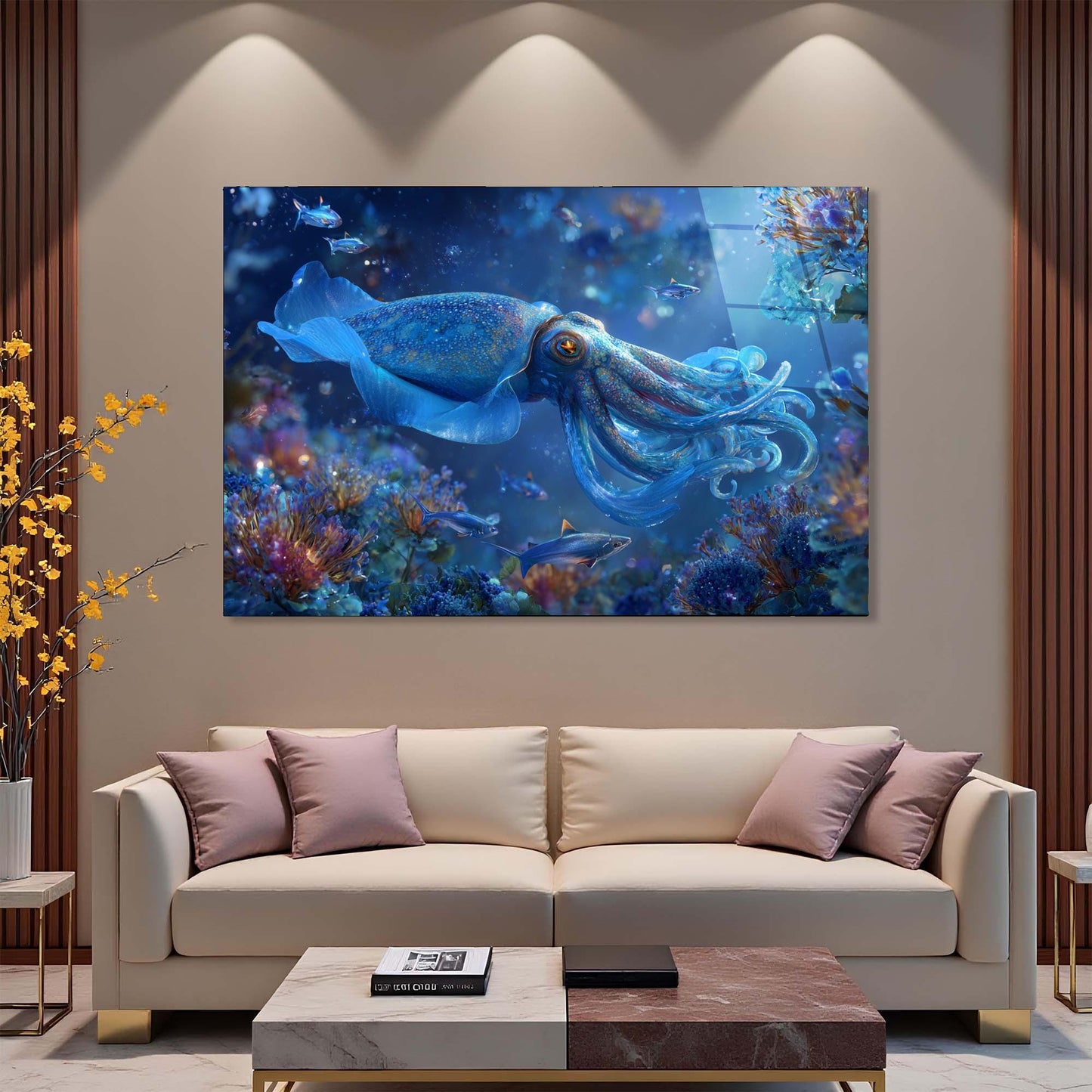 Living room with a large painting of an underwater scene featuring a squid on the wall.
