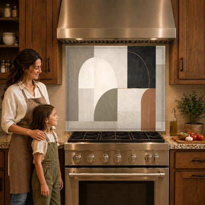 Modern geometric glass kitchen backsplash panel mounted behind a gas cooktop