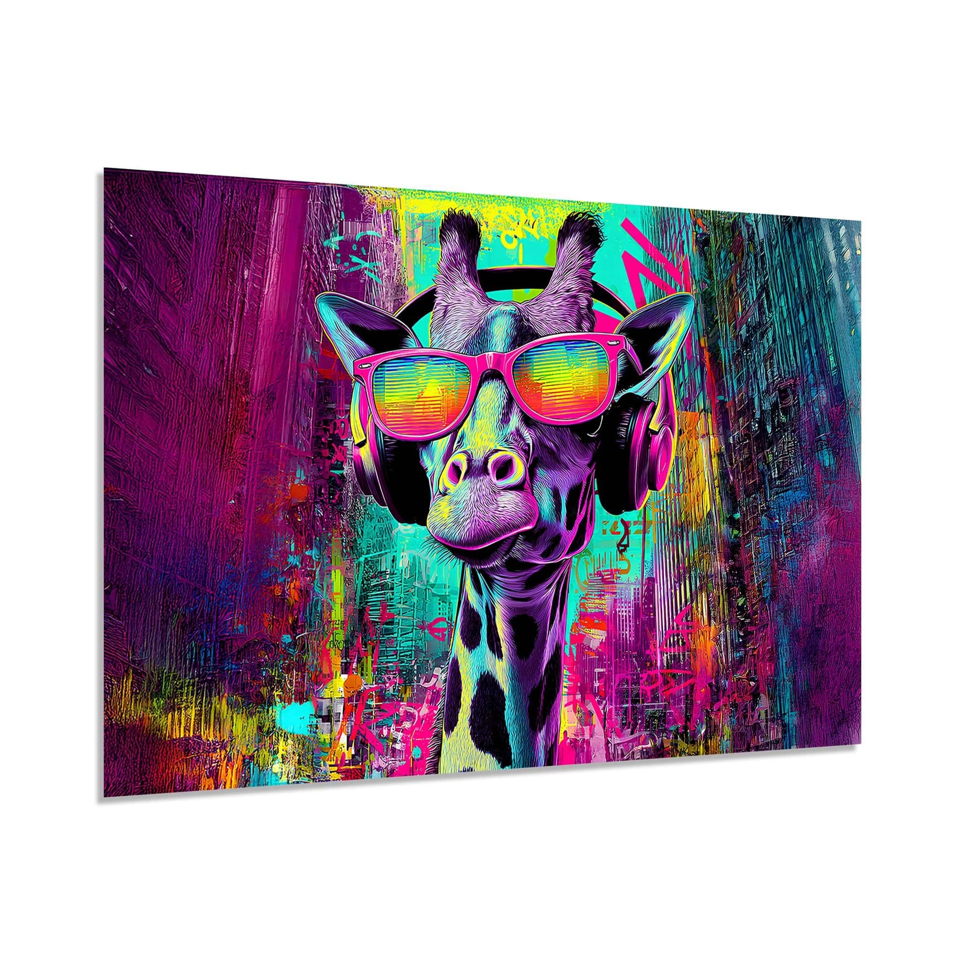 Colorful painting of a giraffe wearing sunglasses with a vibrant abstract background