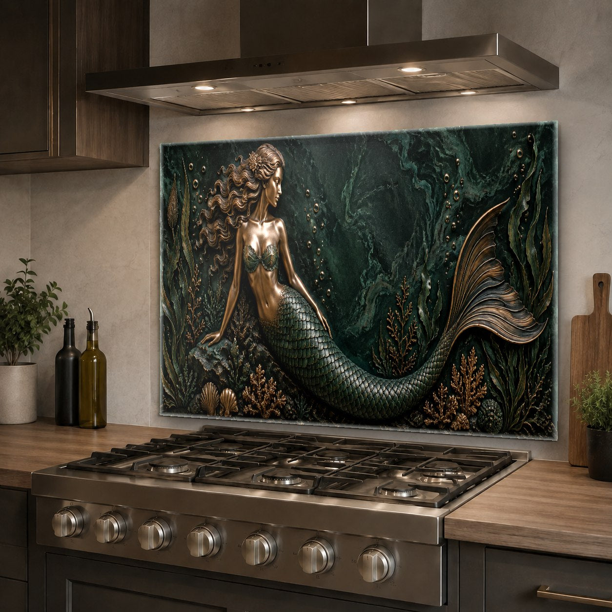Ocean-inspired mermaid glass backsplash installed in a home bar area, reflecting elegant ambient lighting.