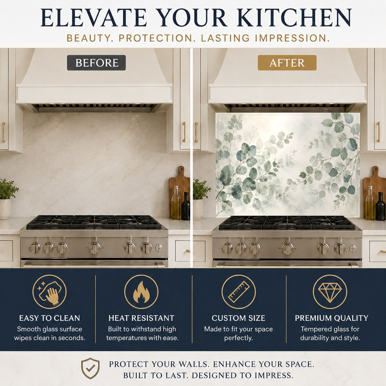 Close-up of the botanical leaves on a high-gloss tempered glass kitchen backsplash panel showing easy-clean surface.