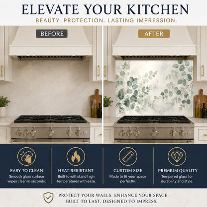 Close-up of the botanical leaves on a high-gloss tempered glass kitchen backsplash panel showing easy-clean surface.