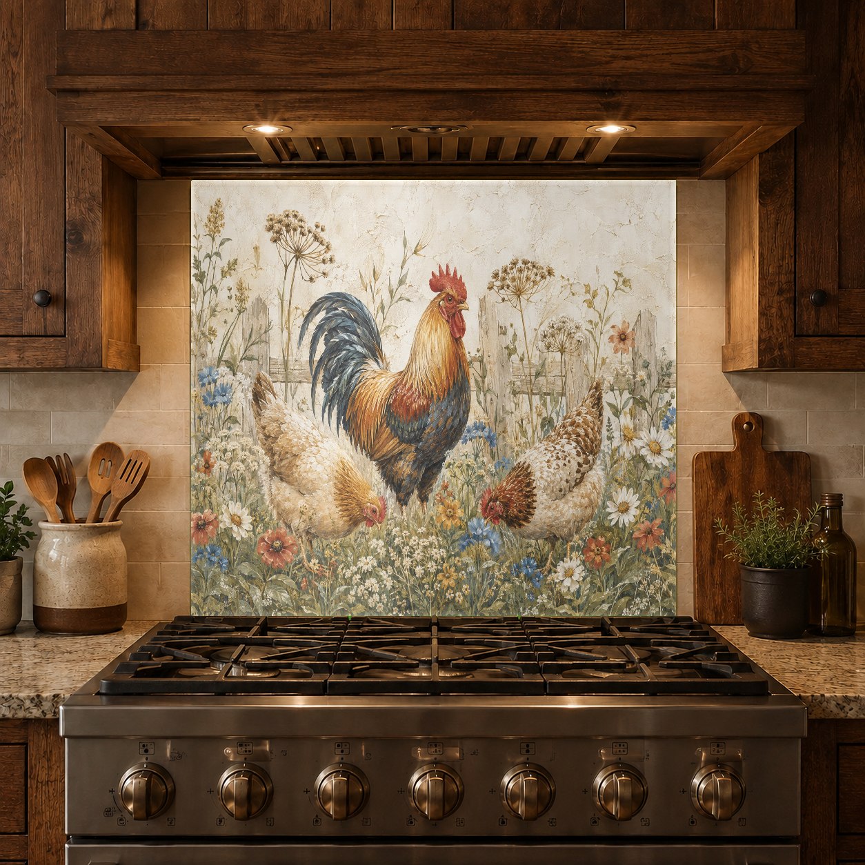 Easy-to-clean tempered glass kitchen backsplash with a rustic rooster design mounted behind a stove.